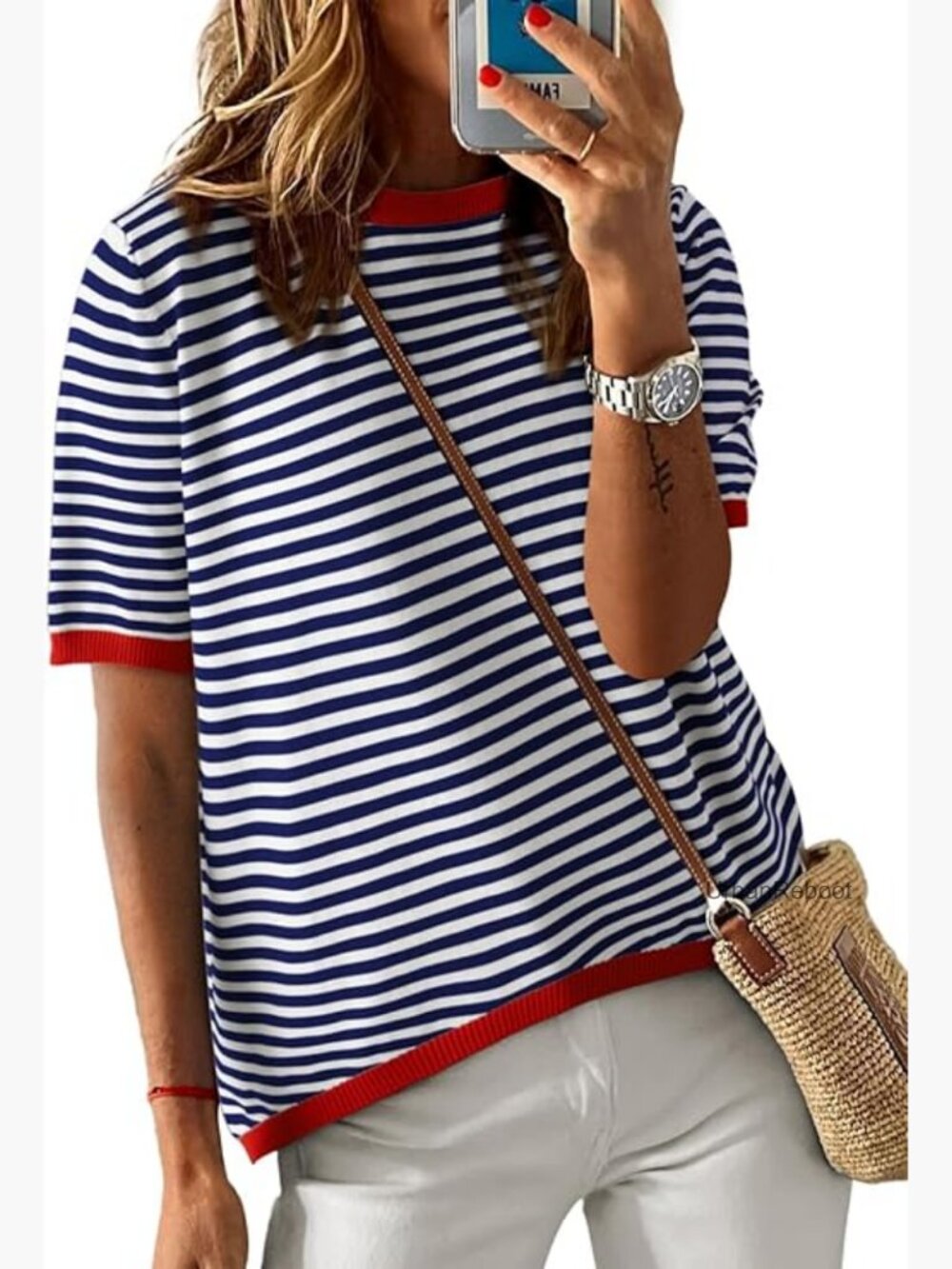 Striped Color Block Knit Pullover Sweater Crewneck Short Sleeve